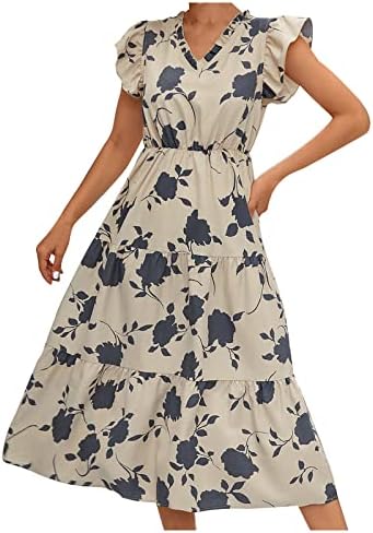 Vestido de verão floral do Womens Alover Vestidos Maxi de manga curta Fluxo Cantura alta uma linha Flowy Long Dress