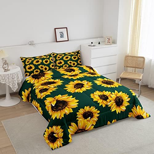 Erosebridal Gunflower Consolador de cama queen Tamanho 3D Conjunto de cama floral para crianças meninas mulheres adultas amarelas florais Down Down Consolador Botânico Imprima Verde Quilt Conjunto de Blossom Garden Duvet Conjunto