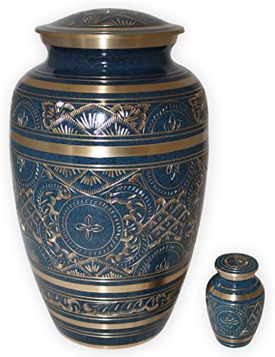 Urna de cremação do azul por belas urnas de vida - urna fúnebre azul requintada com impressionante design gravado em ouro