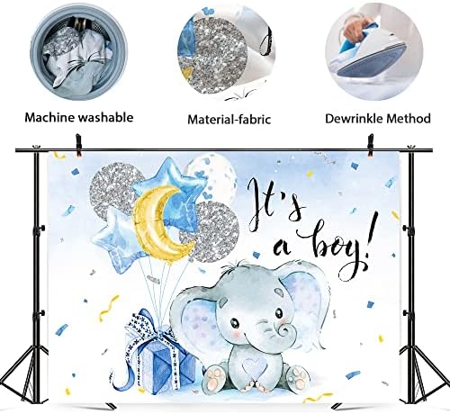 Necessamente menino elefante chá de bebê pano de fundo 7wx5h fotografia é um garoto azul e prata balões de origem animal estrela e lua presentes decorações de festa banner booth props suprimentos de aniversário