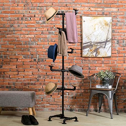 Mygift Industrial Black Metal Hat Rack Stand com ganchos de penduramento de madeira marrom rústica 10 redondos