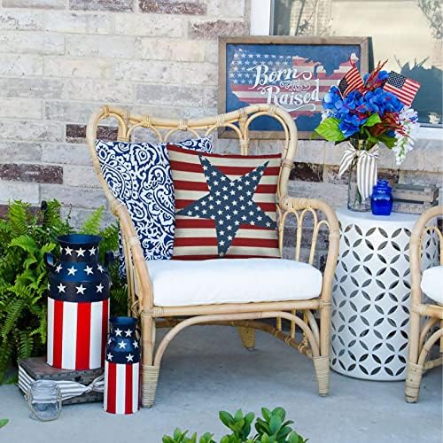 FBCOO 4 de julho Fazenda patriótica Casa decorativa da casa de travesseiro vintage American Flag Decoration Star Independence Sign Sign Cushion Decoração de casa 18 x 18 polegadas de algodão para sofá sofá