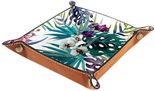 AISSO Bandeja de bandeja de manobrista hibiscus deixa a aquarela trópicos de impressão de jóias de couro para carteiras, relógios, chaves, moedas, telefones celulares e equipamentos de escritório