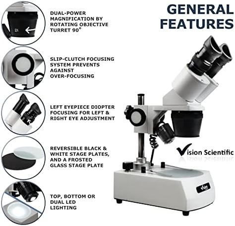 Vision Scientific VMS0002-LD-24-ES2 Microscópio estéreo binocular, oculares WF10X e WF20X, objetivos 2x e 4x, ampliação de 20x, 40x