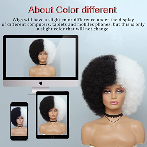 Peruca afro - peruca afro dos anos 70 para mulheres preto e branco afro perucas de cabelo cacheado com franja com aparência natural