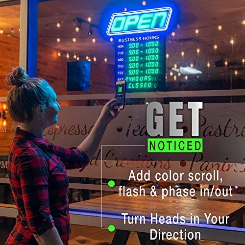 GLI LED SIGN OPEN com horário comercial - Desenhe -se com combos de cores do 1000 para combinar com sua marca, - Flash de neon