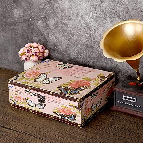 Elldoo Butterfly Tesouro Caixa de baú, madeira + caixa decorativa de armazenamento de couro PU Fotos de bugigangas de