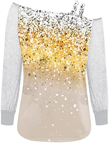 Mesh de manga feminina tampas frias de ombro solto camiseta de lantejoulas casuais blusas de emenda longa e longa moleta