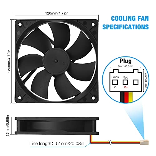 Pinfox 12V DC 120mm Fã de resfriamento silencioso silencioso, controle de velocidade variável por entrada de 5V a 12V,