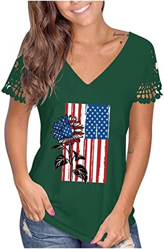 Camas de pescoço V para mulheres de manga curta Tops de verão 4 de julho Camisas American Flag Leopard Lace ombro Louse