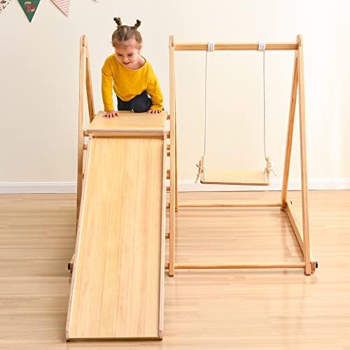 Wealthman Wooden Swing e Slide Conjunto de escalada dobrável interna Playground para crianças, brinquedos de escalada de madeira