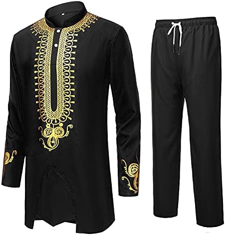 Ynd Men's 2 Piece African Dashiki Camisa e calça, roupa com estampa de ouro