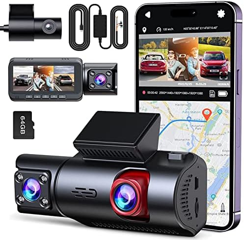 VSTARK WiFi GPS 4K Dash Cam Front e Inside com kits Hardwire, cartão de memória de 64 GB, 3 canais de painel 2K+1080p+2k@30fps, câmera