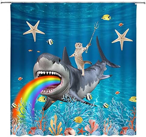 Curta do chuveiro mundial do oceano azul Curta de gato engraçado gatinho de baleia arco -íris colorido coral colorido de peixe tropical Starfish de tecido criativo de decoração de banheiro de decoração com ganchos