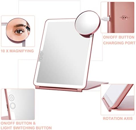 LED espelho de maquiagem de deslocamento dobrável - 7x9 polegadas 3 cores Modos de luz Screen de toque recarregável USB,