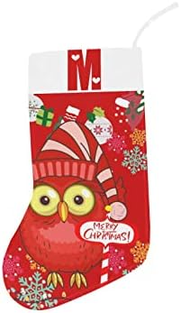 Monogram Santa Owl Christmas Stocking com letra e coração 18 polegadas vermelhas e brancas