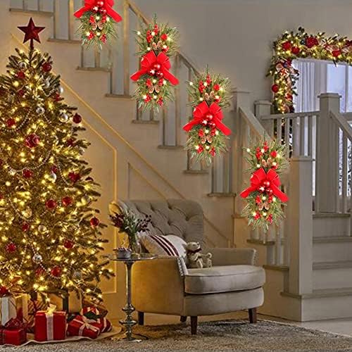 Mihtra 3pcs de Natal pré-iluminada escada de escada, iluminar a coroa de pegadas de Natal, a guarnição sem férias sem fio para a porta da frente da escada, acabamento sem fio da escada prelit Stairway, grinaldas de natal