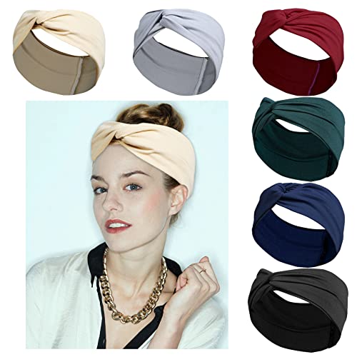 Jepelus 6pcs Bandas para mulheres, faixas de cabelo de torção larga, bandeira de pano Cross Cross Turban, cor de elástico elástica macio não deslizante, faixas de cabeça acessórios de cabelo para o treino de ioga vintage