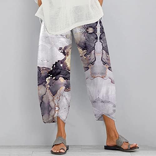 Calças Capri Casual para mulheres de algodão de algodão de algodão de alta cintura