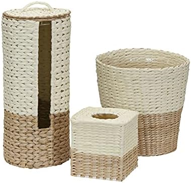 Fundamentos domésticos de 3 peças Banheiro de vime com lixo, suporte de papel higiênico e caixa de lenços de papel | Branco e marrom, creme e natural