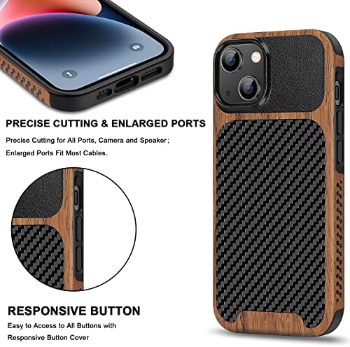 Capa magnética tendlina compatível com iPhone 14 Plus Case Wood Grain com fibra de carbono Design de textura de couro Hybrid