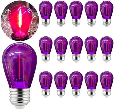 S14 Substituição vermelha Lâmpadas LED lâmpadas 1W Purple LED String Bulbo de lâmpada roxa Plástico à prova d'água à prova d'água Lâmpadas de Halloween Vintage E26 Base para pátio externo interno, 15 pacote