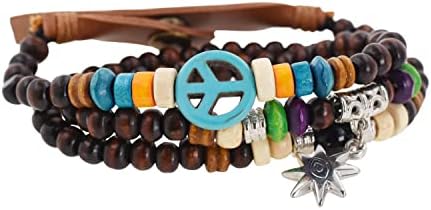 Mandala artesanato símbolo de paz contas de madeira embrulha de pulseira/pulseira zen/pulseira de várias camadas/pulseira de surf #329