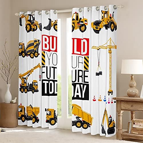Cortinas do trator de construção para o quarto dos meninos, crianças adolescentes, caminhões de escavadeira amarela, cortinas