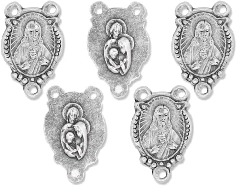 Pacote a granel de 5 - Sagrado Coração de Jesus/Sagrada Família Rosário Conector Central peça, acabamento oxidado de prata