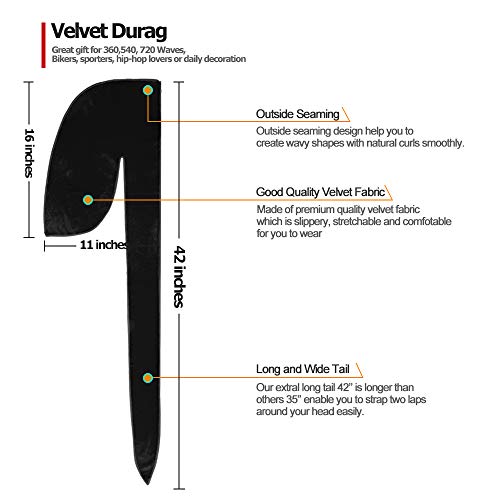 Homens de veludo premium Durag Headwraps com cauda longa extra e tiras largas para 360 ondas