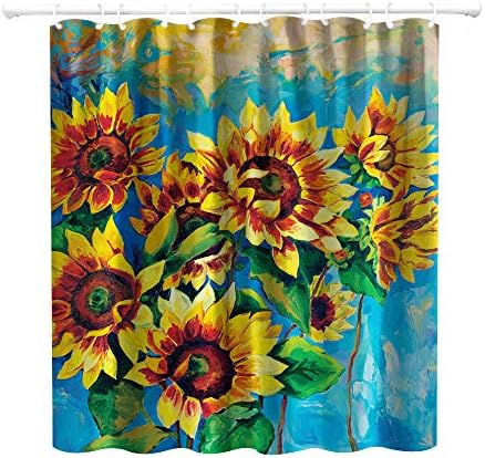 Cortina de chuveiro de tecido de girassol, pintura a óleo Sunflowers Spring Aquarela aquarela floral folha verde country rústico