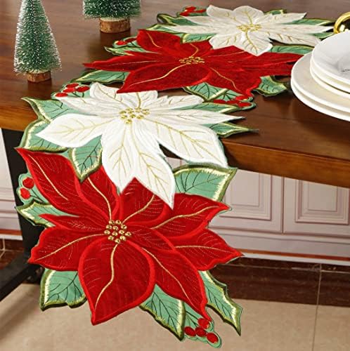 GrandDeco Holiday Christmas Table Runner 13x36 polegadas Cutwork Bordado Floral Flors Flores de Natal/Estrelas Crescedor