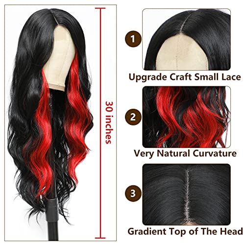 XCCoco Long Wavy Wigs for Women Black destacou Wig Wig Wave Synthetic Lace peruca 28 polegadas Peruca preta com destaques vermelhos
