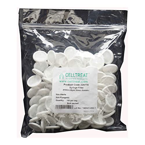 Treat CellTreat 229777 Filtro de seringa, PTFE, 0,22 μm, 13 mm, bolsa a granel, não estéril, sem estéril, branca
