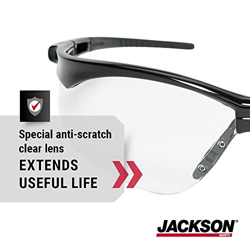 Jackson Safety 50000 leve, ultra-força e óculos de segurança SG com templos de toque suave e peça de nariz flexível, revestimento anti-arranhão, lente clara, quadro preto