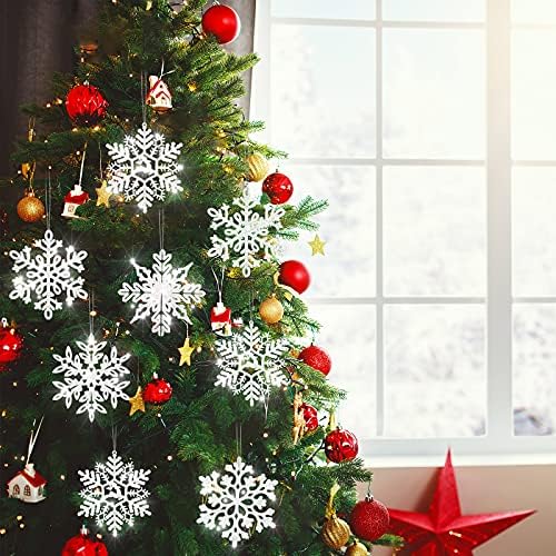 60 peças brancas de natal de natal ornamentos de natal plástico glitter flocos de neve de natal ornamentos pendurados para decorações