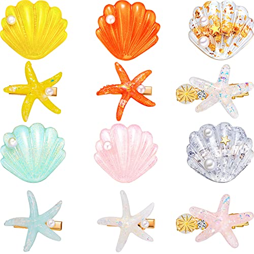 12 peças Shell Artificial Pearl Starfish Seehell Clip Conjunto de clipes de pêlo acrílico Garota Lady Hair Clip