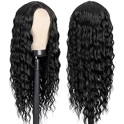 Lulu Hairate Long Black Curly Wig, perucas cacheadas sintéticas para mulheres longas perucas pretas com perucas de substituição de cabelo da parte média de 26 polegadas para uso diário de festas