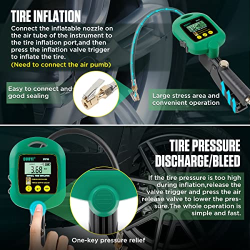 Precisão do medidor de pressão dos pneus ± 1%FS inflador de pneu com retroilumação HD Exibição de retroiluminação Digital Medida de pressão Digital Medida de pneu Profundidade de piso Deflador de pneu anti-sopa para veículos/motocicletas/inflador de pneu de bicicleta