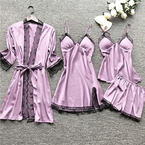 Pijama de seda de 3 peças para mulheres Sexy Setin Sleepwear Solid Floral Lace TRIM CAMI Nightgowns Soft Loungewear Conjuntos