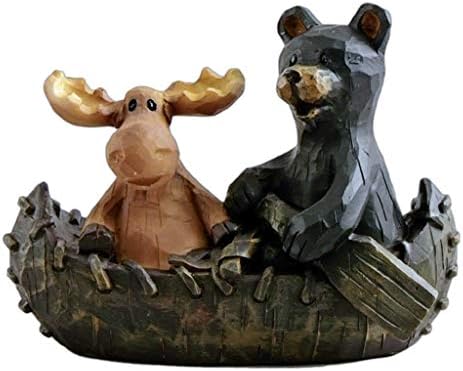 A Coleção Bridge Canoeing Moose & Black Bear Figure em um estilo de madeira esculpida - decoração exclusiva de mesa para cabine,