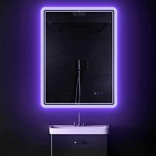 Espelho iluminado no banheiro LED de 24 x 32, espelho do banheiro com luzes, espelho de LED para banheiro, atmosfera azul iluminada por LED, espelho iluminado no banheiro, espelho de maquiagem de luz ajustável anti-Fog.