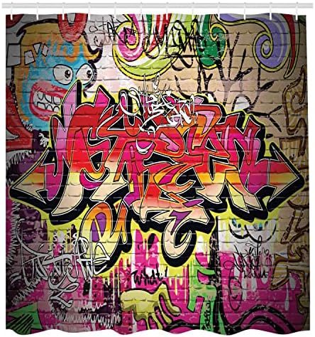 Cortina de chuveiro de parede de tijolo Ambesonne, grafite na parede urbana arte de rua com tinta spray tagger tema subterrâneo, decoração de banheiro de tecido com ganchos, 69 w x 70 l, vermelho macio vermelho