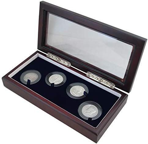 Caixa de exibição de vidro de madeira com 4 cápsulas de anel preto para nós 1836 para apresentar meio dólar ou outras moedas de 30 a 30,9 mm