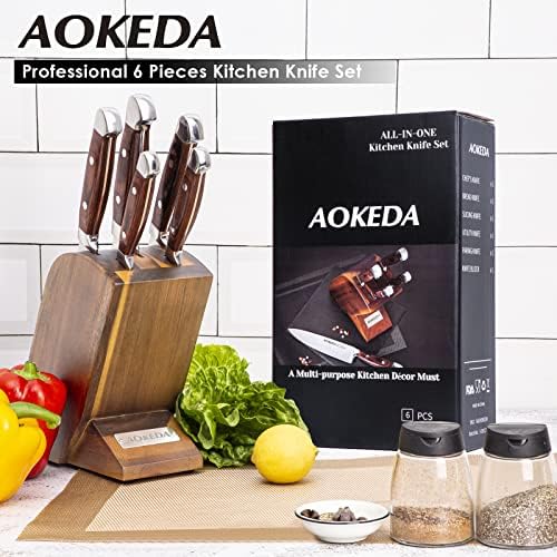 Aokeda Knife Conjunto para cozinha com bloco, conjuntos clássicos de 6 peças, alça de Pakkawood, design equilibrado de dois coldes,