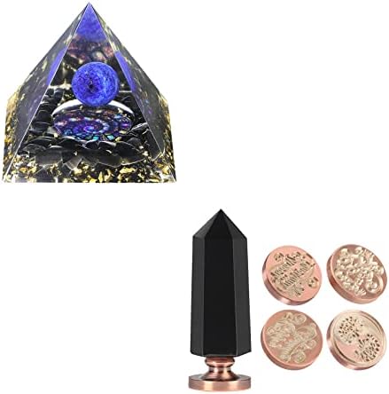 Pacote MookaitEdecor - 2 itens: Lapis Lazuli Crystal Sphere Orgone Pyramid com Obsidian Tambled Stones e Wax Seal Selp Set com a alça de varinha de ponto de cristal obsidiana de obsidiana para decoração