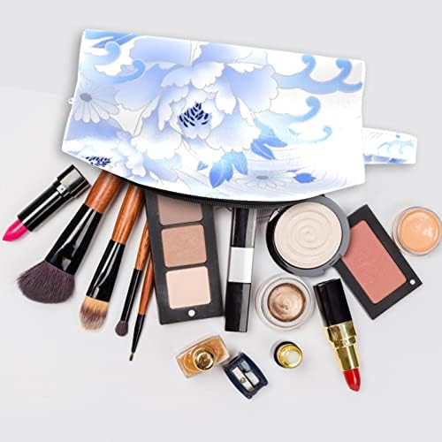 Bolsa de maquiagem, bolsa de cosméticos, organizador de bolsa de maquiagem à prova d'água, japonês floral retrô azul