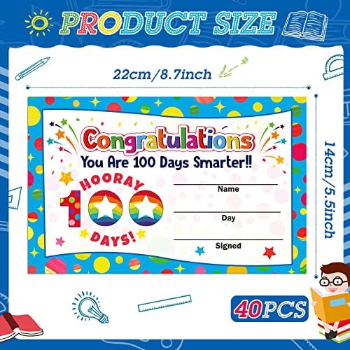 40 peças 100º dia de certificados de prêmios escolares, colorido 100º dia da escola de 100 dias Certificado de atividades de
