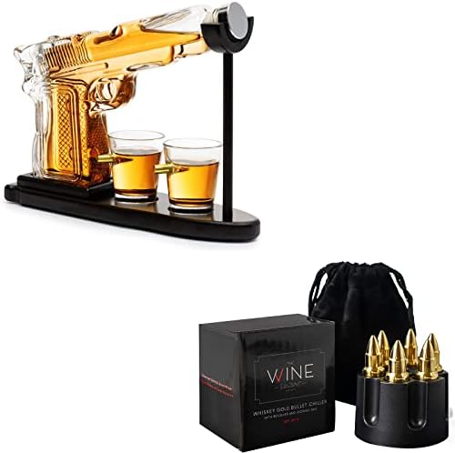 Pistol Whisky & Wine Decanter Whisky Stones Bullets de ouro definido pelo Savante de vinho - Decanter de pistola de pistol e 2 copos de bala com conjunto de 6 pedras de bala de aço inoxidável de revólveres - M - M - M Stones de bala - M - M