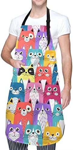 Perinsto colorido engraçado gatos de desenho animado avental impermeável com 2 bolsos Chef de cozinha aventais babadores para cozinhar